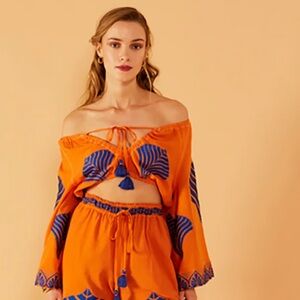Nema resort wear Orange Off-Shoulder crop top with blue embroidery size M